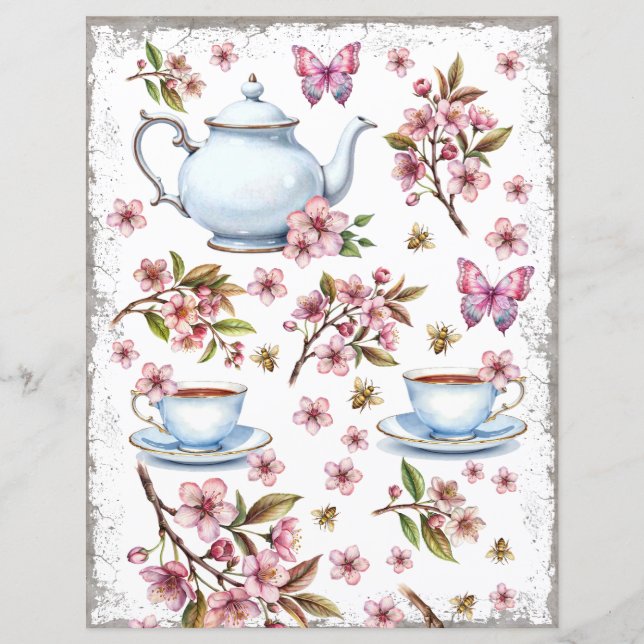 Fleur rose cerise, champ avec thé (Devant)