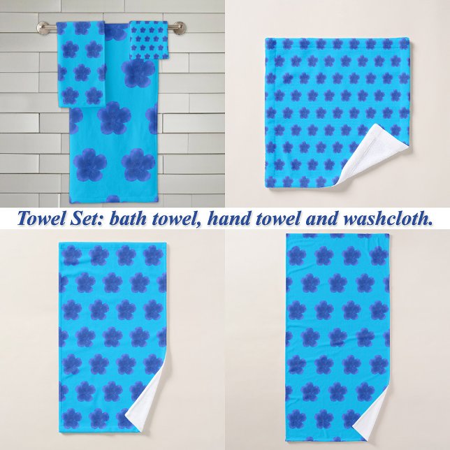 Fleur Rose de mousse Motif sans couture sur bleu c (Moss Rose flower seamless pattern on bath towel set: wash cloth, hand towel and bath towel)