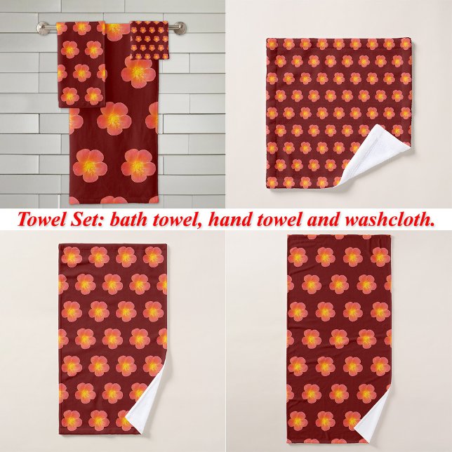 Fleur Rose de mousse rouge Motif sans couture sur (Red Moss Rose flower seamless pattern on bath towel set: wash cloth, hand towel and bath towel)