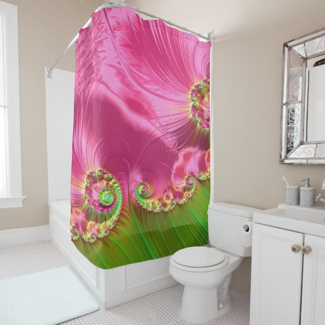 Fleur rose et vert et rideau de douche à feuilles (En situation)