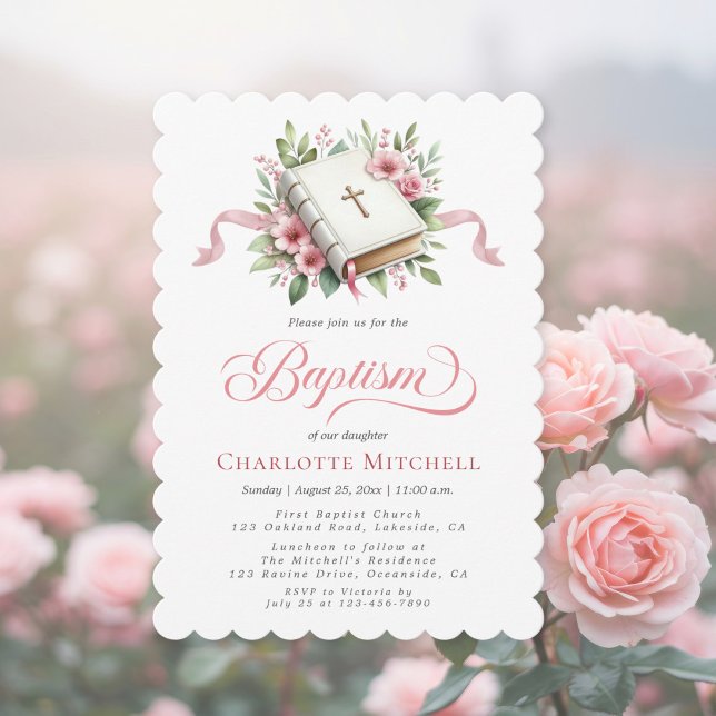 Fleur rose moderne baptême Invitation (Créateur téléchargé)