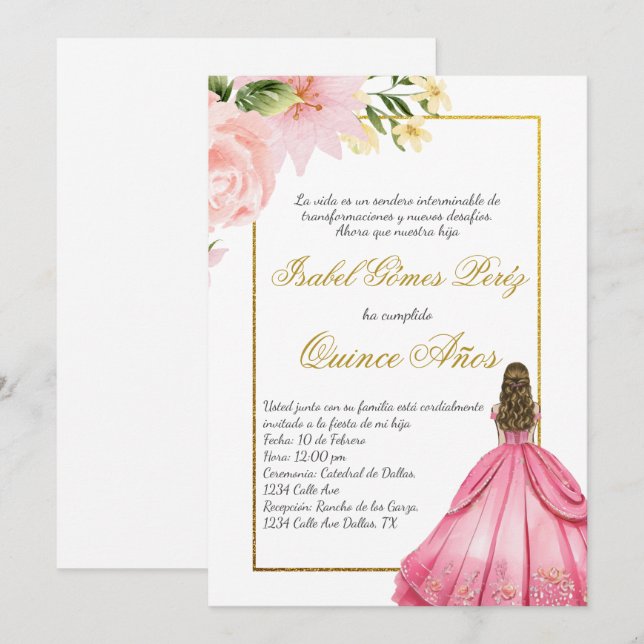 Fleur rose Quince invitation en espagnol (Devant / Derrière)