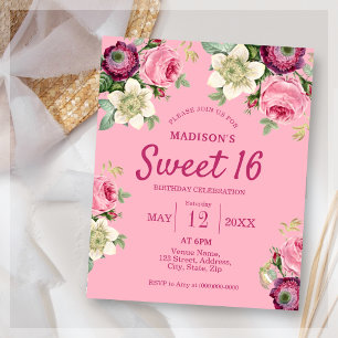 Fleur rose sucré 16 Anniversaire Invitation