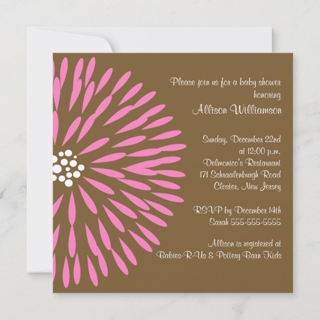Fleur rose sur invitation Baby shower Brown (Devant)