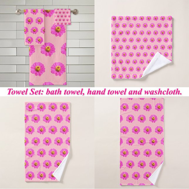 Fleur rose Zinnia Motif sans couture sur (Pink Zinnia flower seamless pattern on bath towel set: wash cloth, hand towel and bath towel)