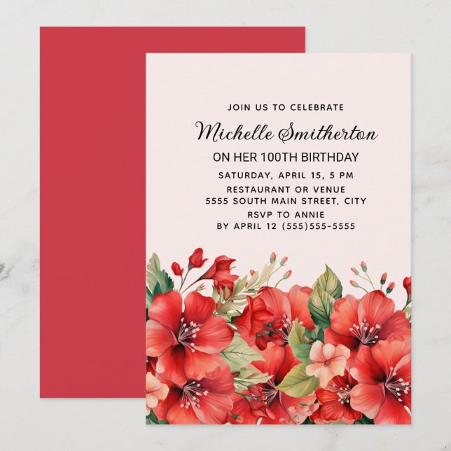 Fleur rouge élégante sur invitation de fête d'anni (Devant / Derrière)