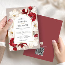 Fleur rouge et blanc rubis Invitation avec code QR