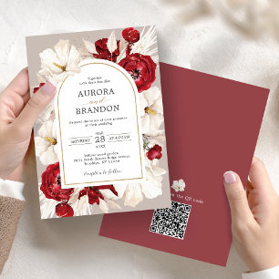 Fleur rouge et blanc rubis Invitation avec code QR