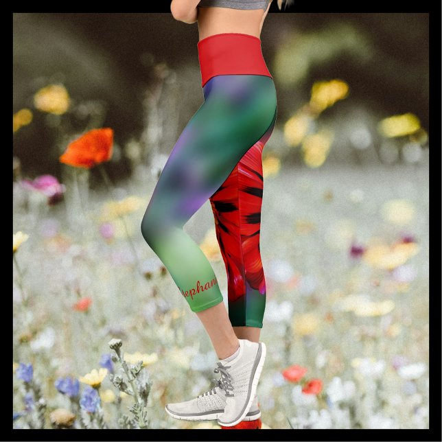 Fleur rouge Floral Nom personnalisé Capri Leggings (Créateur téléchargé)
