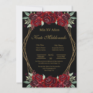 Fleur rouge noire Quinceanera invitation