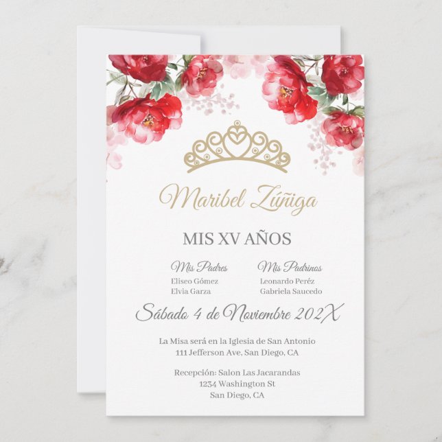 Fleur rouge Quinceanera invitation avec couronne (Devant)