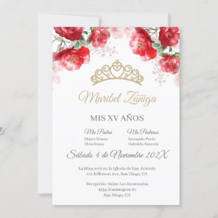 Fleur rouge Quinceanera invitation avec couronne