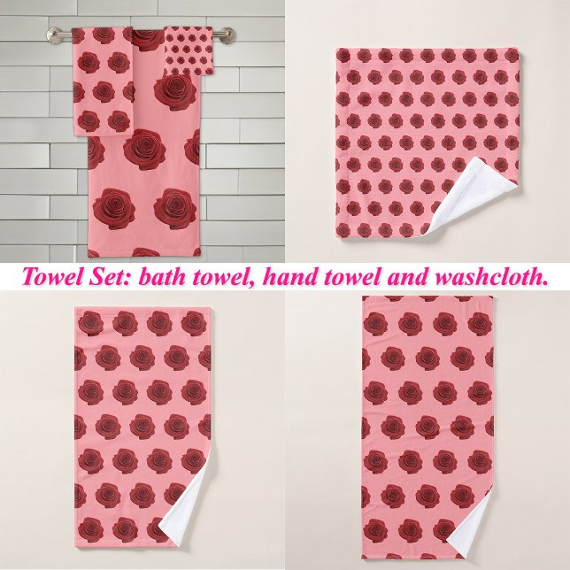 Fleur rouge Rose Motif sans couture sur la serviet (Red Rose flower seamless pattern on bath towel set: wash cloth, hand towel and bath towel)