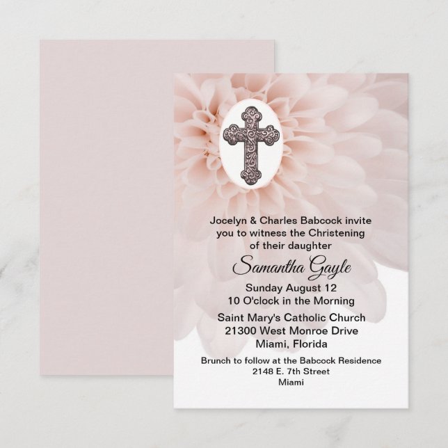 Fleur rousse et Croix Bébé Christening Invitation (Devant / Derrière)