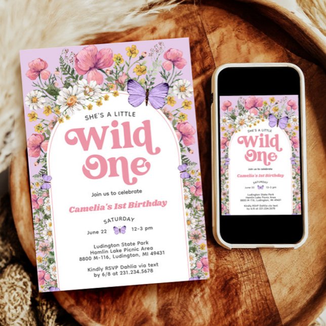 Fleur sauvage 1er anniversaire Invitation (Butterfly Wildflower 1st Birthday Invitation
)