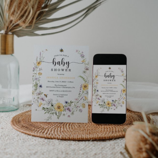 Fleur sauvage Bee Baby shower Invitation Card (Créateur téléchargé)