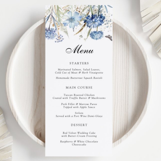Fleur sauvage bleu Aquarelle Floral Mariage Menu (Créateur téléchargé)