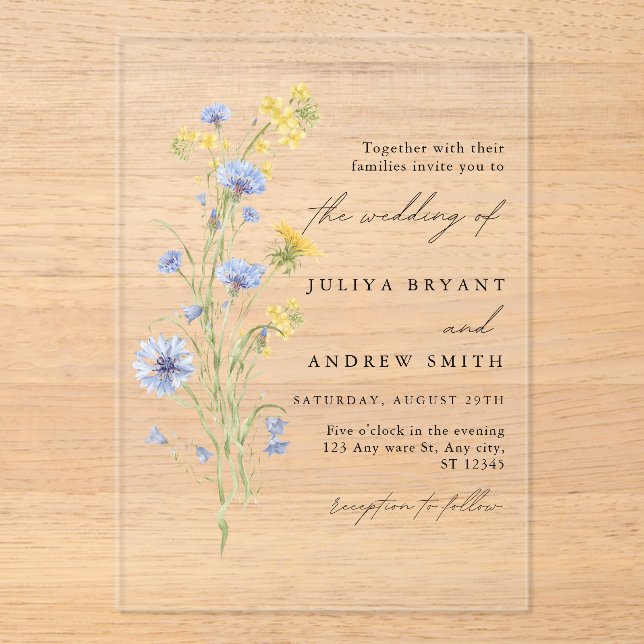 Fleur Sauvage Bleue Invitation de mariage en acryl (Recto)