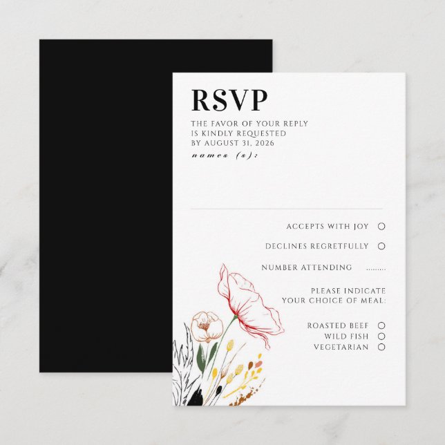 Fleur sauvage Boho Black Elegant Wedding RSVP (Devant / Derrière)