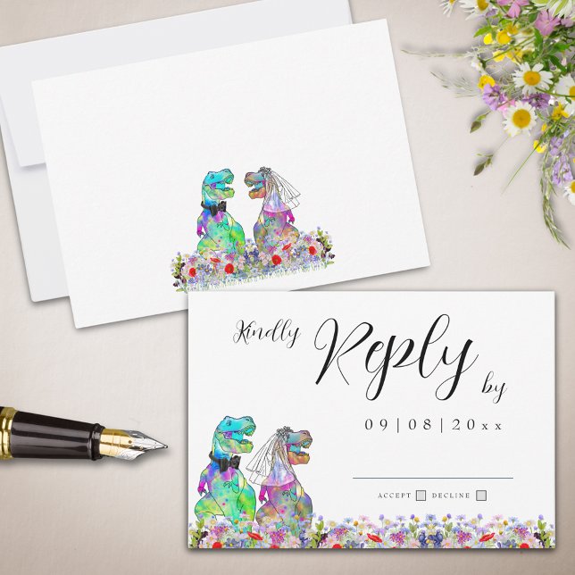 Fleur sauvage Boho Dinosaur Mariage Réponse (Wildflower Dinosaur theme wedding invitation rsvp enclosure card)