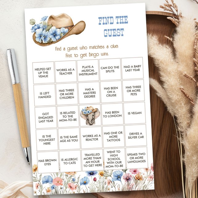 Fleur sauvage Cowboy Trouvez le Baby shower invité (Find the Guest game from the Boho Elephant Baby Shower Collection by Darling & May)