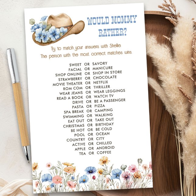 Fleur sauvage Cowboy Voudrait Maman Plutôt Douche  (Would mommy rather game from the Boho Elephant Baby Shower Collection by Darling & May)