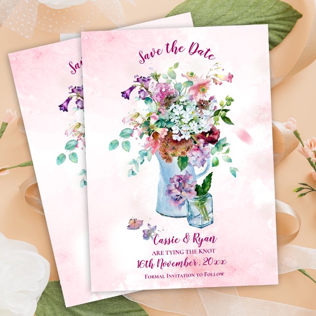 Fleur sauvage d'aquarelle rose rustique Enregistre (Rustic Pink Watercolor Wildflower Save the Date)