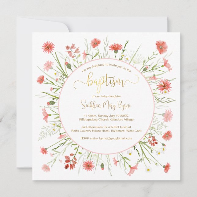 Fleur sauvage de corail Baptême Faire-part Gold Po (Devant)