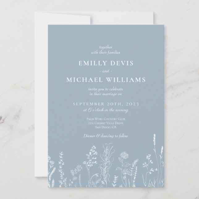 Fleur sauvage Dusty Blue Faire-part de mariage (Devant)