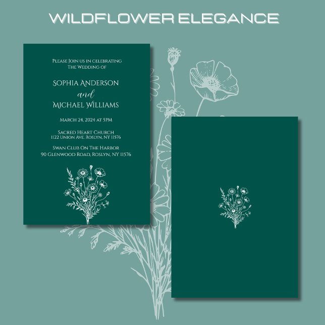 Fleur sauvage Elegance Mariage Thème Invitation (Wildflower Elegance Wedding Invitations-Emerald Green-Rustic, Bohemian, Country Elegant)