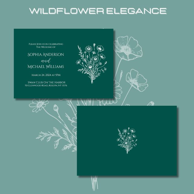 Fleur sauvage Elegance Mariage Thème Invitation (Wildflower Elegance Wedding Invitations-Emerald Green-Rustic, Country, Bohemian)