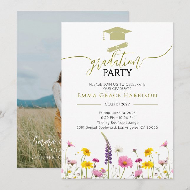 Fleur sauvage Graduation Party photo Invitation (Devant / Derrière)
