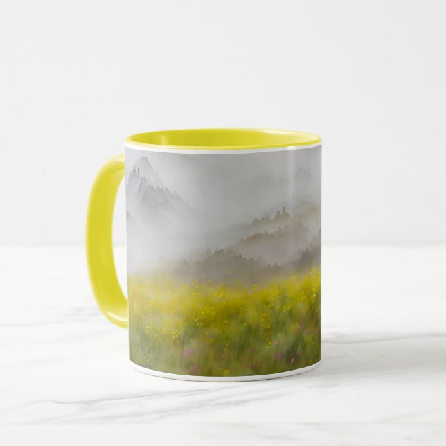Fleur sauvage Jaune Foggy Mountains Art Mug (Devant gauche)