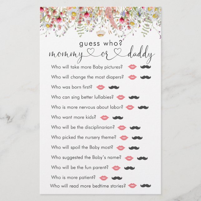 Fleur sauvage Meadow Baby shower "Devinez qui" Jeu (Devant)