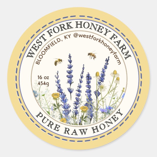 Fleur sauvage Miel Étiquette avec abeilles pointil (Devant)