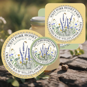 Fleur sauvage Miel Étiquette avec abeilles pointil