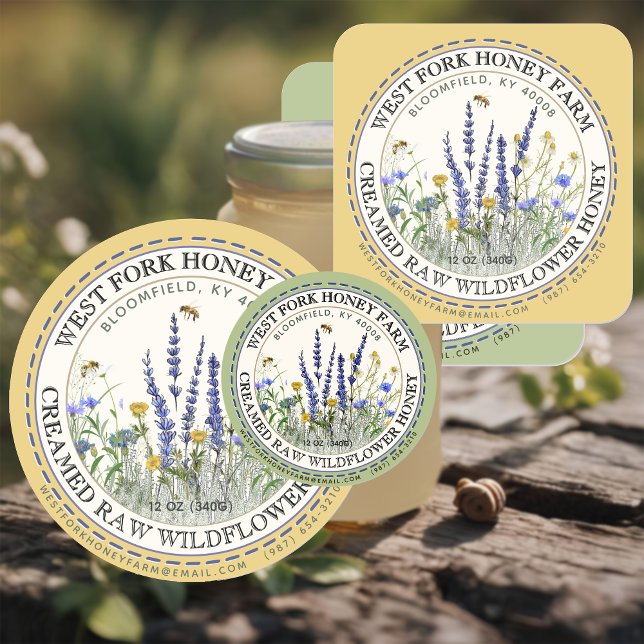 Fleur sauvage Miel Étiquette avec abeilles pointil (Créateur téléchargé)