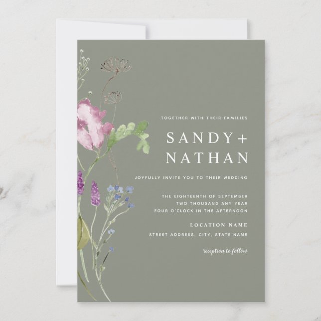 Fleur sauvage moderne Sage Faire-part de mariage (Devant)