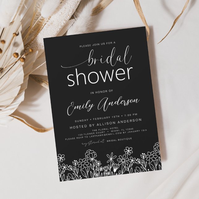 Fleur sauvage noir blanc Invitation de douche nupt (Créateur téléchargé)
