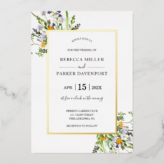 Fleur sauvage or élégant Mariage invitation (Recto)