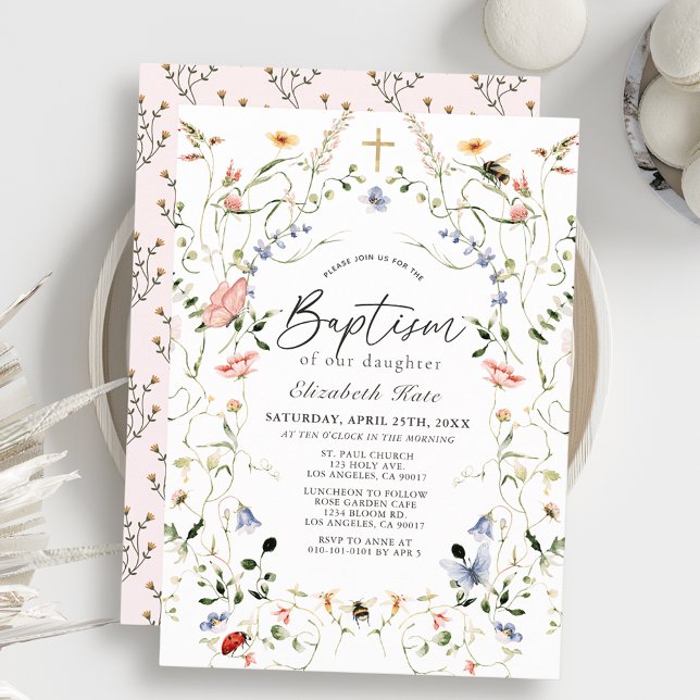Fleur sauvage & papillon Girl Baptism Invitation (Créateur téléchargé)