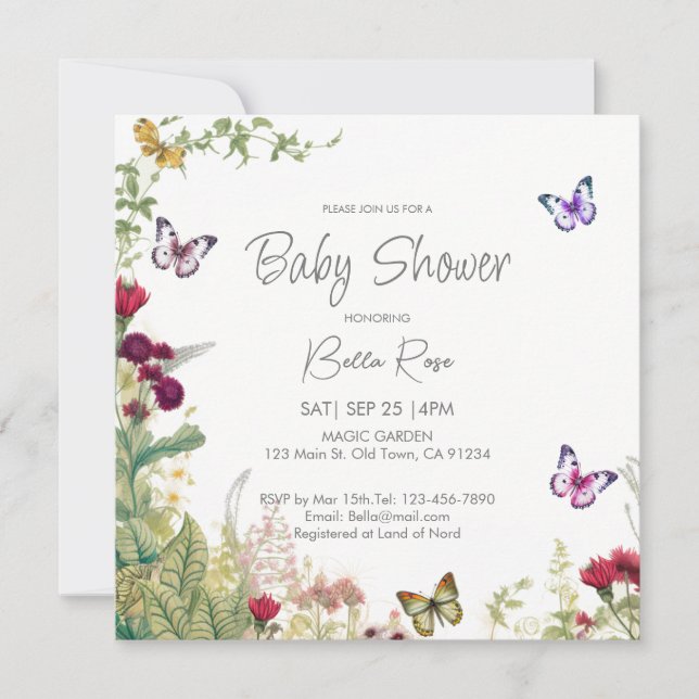 Fleur sauvage Papillons Baby shower Invitation (Devant)