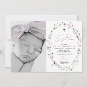 Fleur sauvage Purple Girl Photo Baptême Invitation