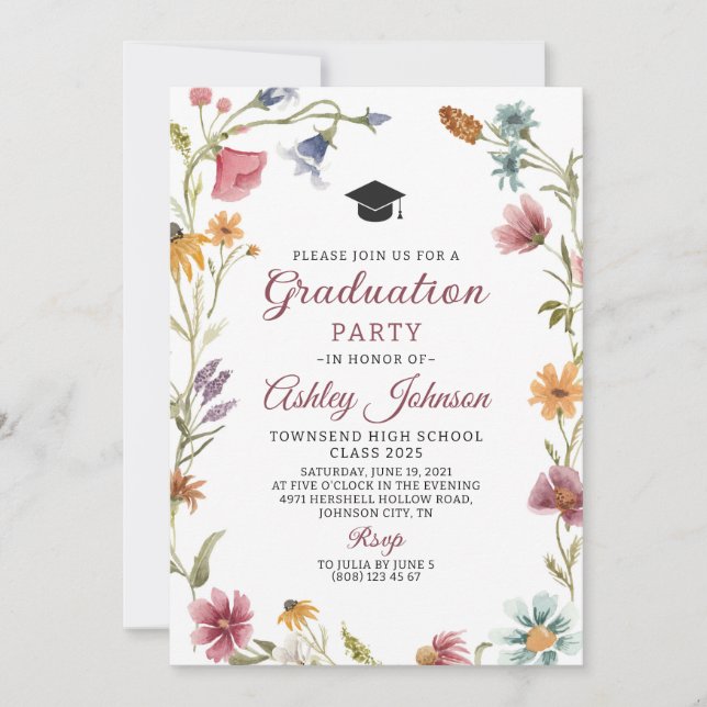 Fleur sauvage Red Graduation Invitation Faire-part (Devant)