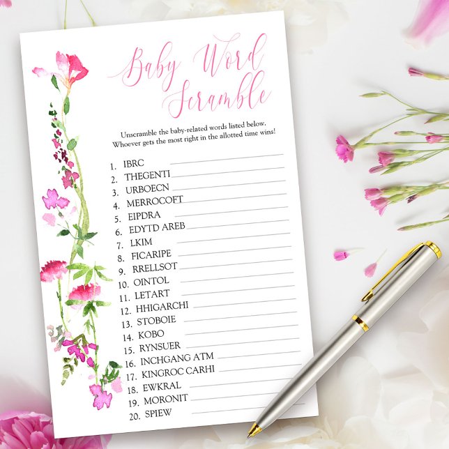 Fleur sauvage rose Bébé Mot Scramble Douche Jeu (Baby Shower Game Cards from my Pink Wildflower Collection. Message me to create co-ordinating items.)