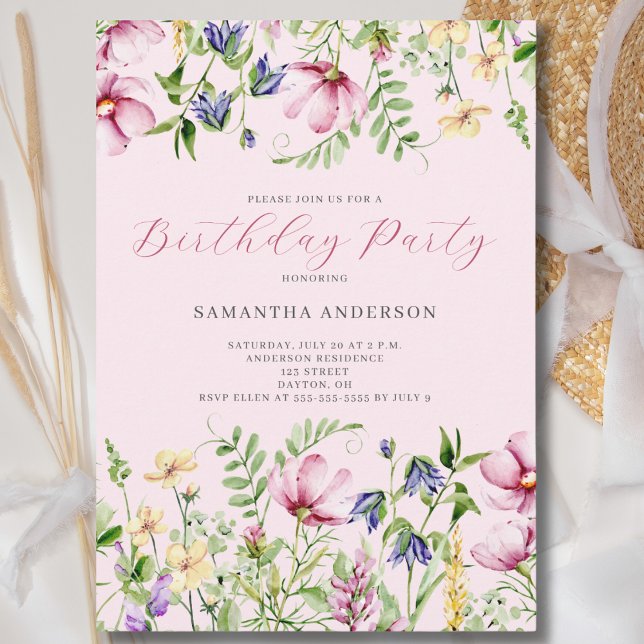 Fleur sauvage rose Floral Invitation d'anniversair (Créateur téléchargé)