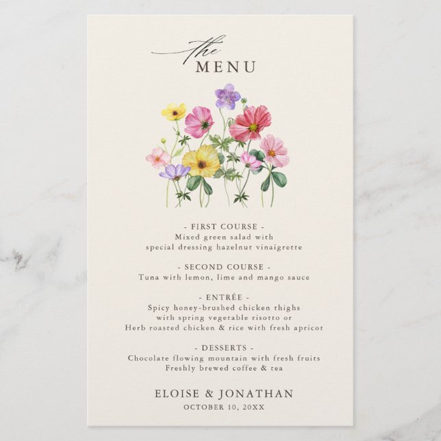 Fleur sauvage Rustic Chic Floral Boho Mariage Menu (Devant)
