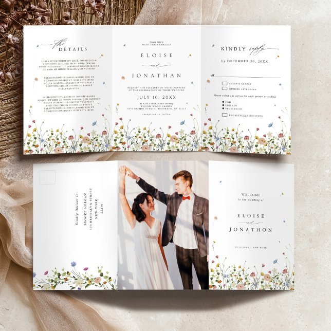 Fleur sauvage Tout en un Faire-part de mariage à t (Spring Wildflower garden All in one tri fold Wedding Invitation)