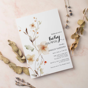 Fleur sauvage White Boho Baby shower Invitation