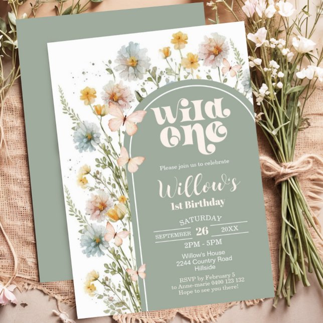 Fleur sauvage Wild Un Anniversaire Invitation Boho (Boho Wildflower Wild One 1st Birthday Invitation)